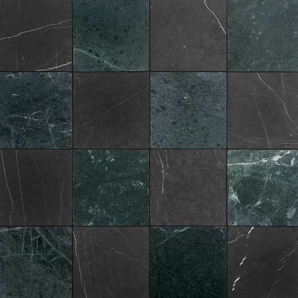 Avanti Nero Marquina Black and Verde Green 12x12 Tumbled Marble Checkerboard Tile