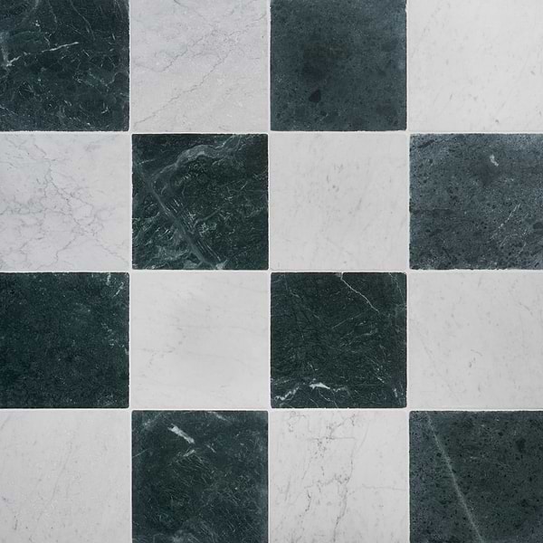 Avanti Verde Green and Bianco Carrara White 12x12 Tumbled Marble Checkerboard Tile