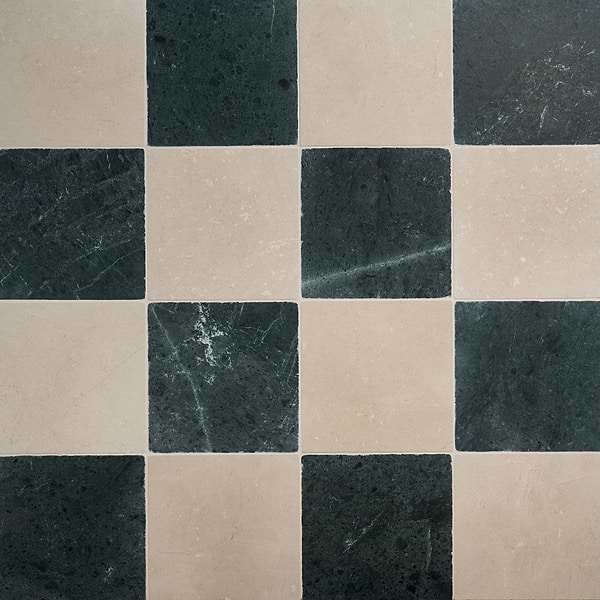 Avanti Verde Green and Crema Marfil Beige 12x12 Tumbled Marble Checkerboard Tile