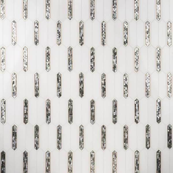 Zeus Black Pearl 2x8 Picket Polished Marble- Pearl and Brass Waterjet Mosaic Tile