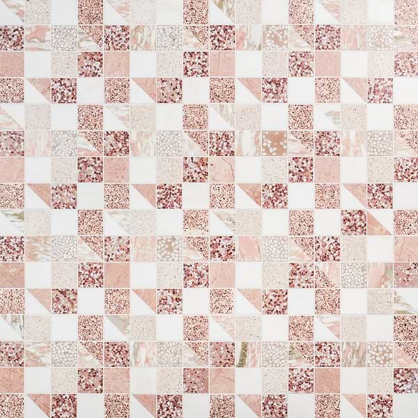 Elizabeth Sutton Artem Flamingo Terracotta Pink 3x3 Polished & Honed Marble and Terrazzo Mosaic Tile