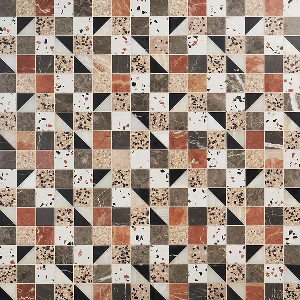 Elizabeth Sutton Artem Wren Terracotta & Gray 3x3 Polished & Honed Marble and Terrazzo Mosaic Tile