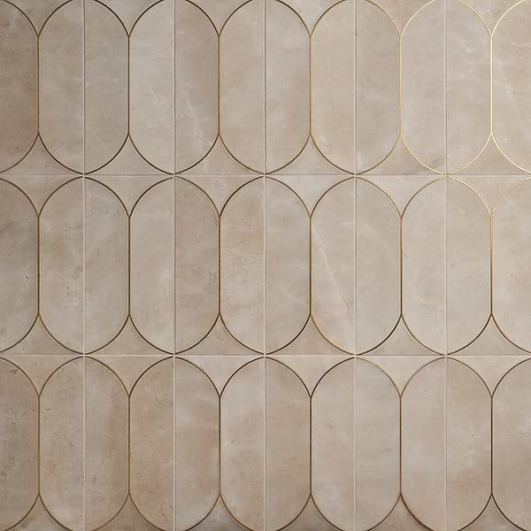 Calypso 3D Carved Crema Marfil Beige with Brass Inlay 8x16 Honed Marble Limestone Tile