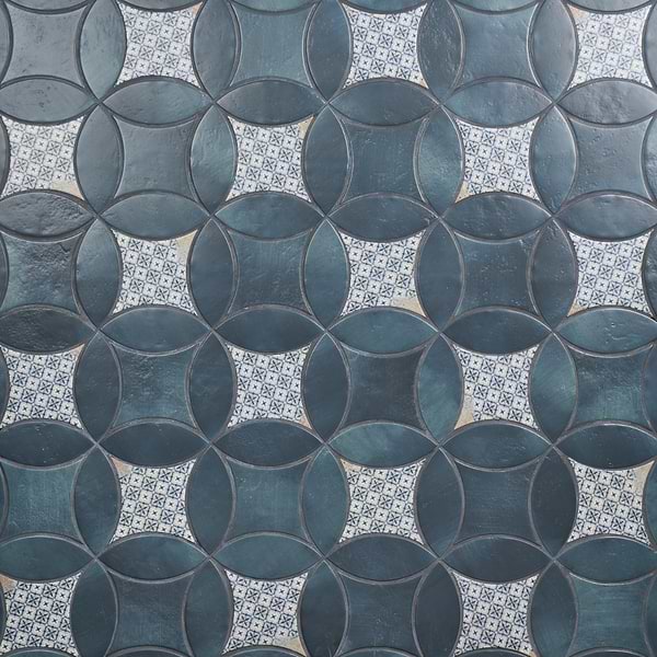 Raval Denim Blue 3x8 Petal and 6x6 Kite with Deco Juliana Blue Kite Matte Porcelain Tile