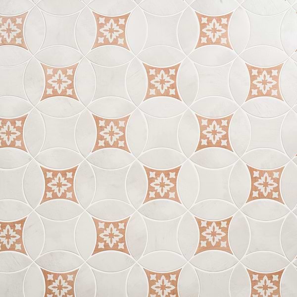 Raval White 3x8 Petal and 6x6 Kite with Deco Natalia Terracotta Kite Matte Porcelain Tile