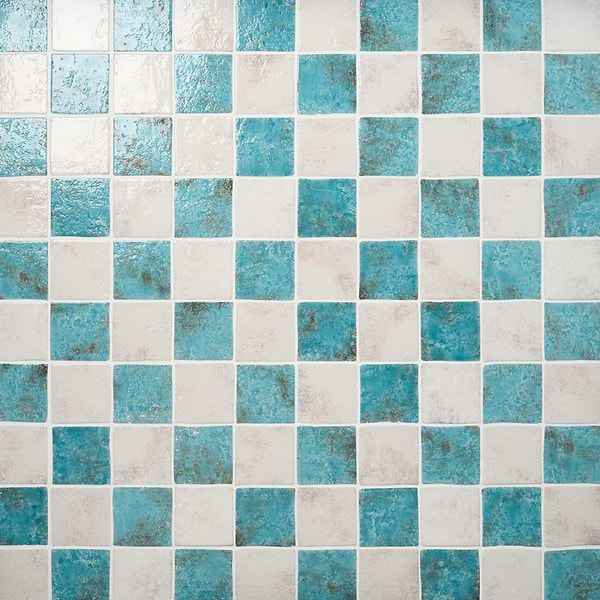 Greta Checkerboard Lagoon Blue and Seashell White 5x5 Glossy Textured Porcelain Tile