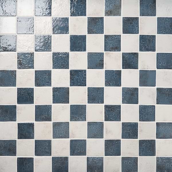 Greta Checkerboard Midnight Blue and Seashell White 5x5 Glossy Textured Porcelain Tile
