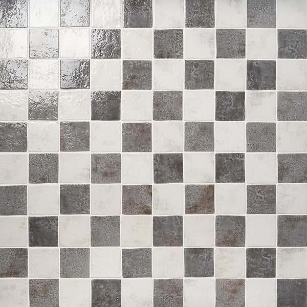 Greta Checkerboard Smoke Gray and Seashell White 5x5 Glossy Textured Porcelain Tile