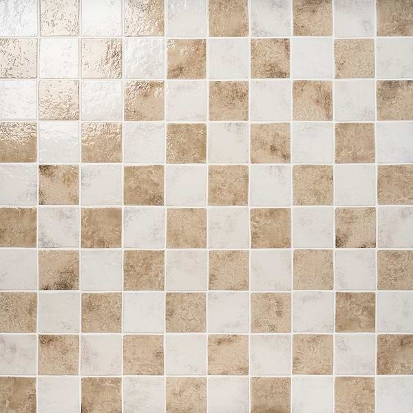 Greta Checkerboard Sand Beige and Seashell White 5x5 Glossy Textured Porcelain Tile