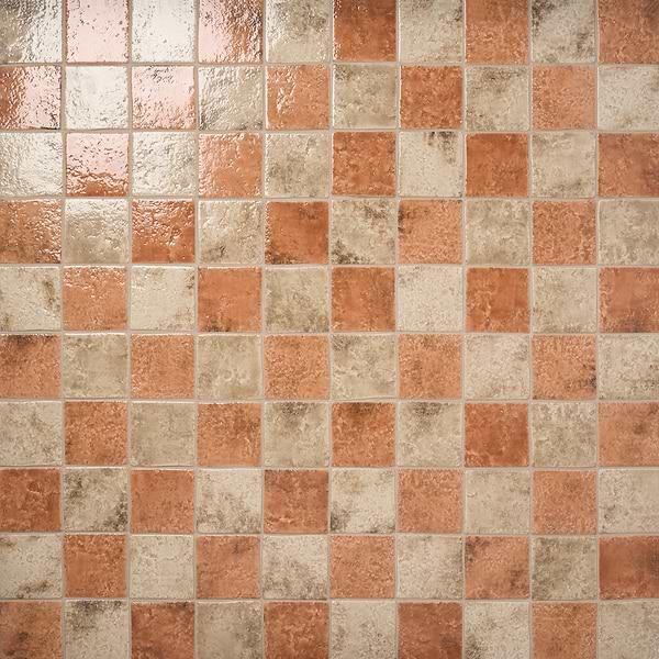 Greta Checkerboard Sunset Terracotta and Sand Beige 5x5 Glossy Textured Porcelain Tile