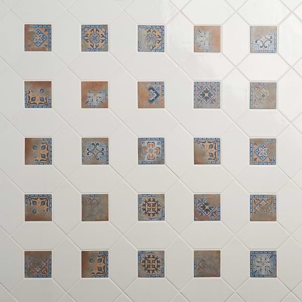 Morocco Blanco White 4x8 Glossy Picket and Medina Multicolor 4x4 Matte Square Porcelain Tile