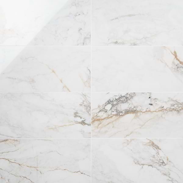 Calacatta Macchia White Gold 12x24 Marble Look Polished Porcelain Tile