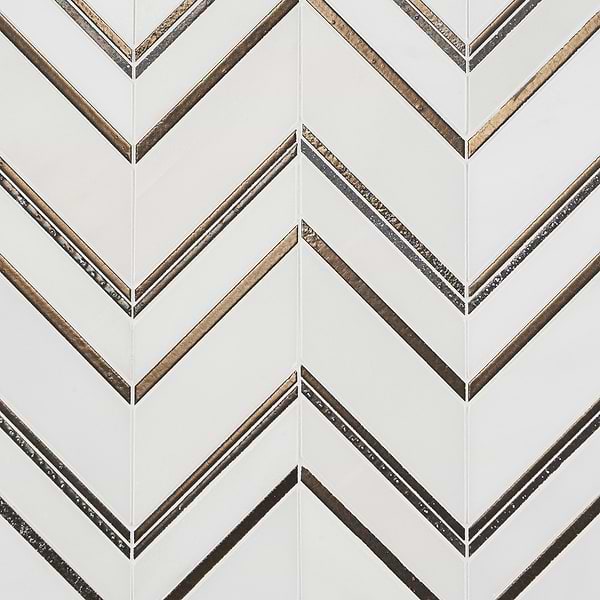 Magma Chevron Palermo White Marble and Bronze Lava Stone Polished Mosaic Tile