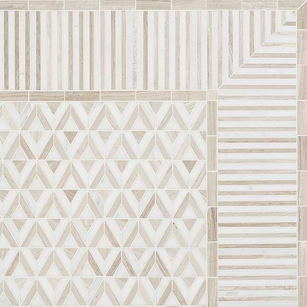Monroe Border Asian Statuary and Wooden Beige 7.87x8.30 Polished Marble Mosaic Tile
