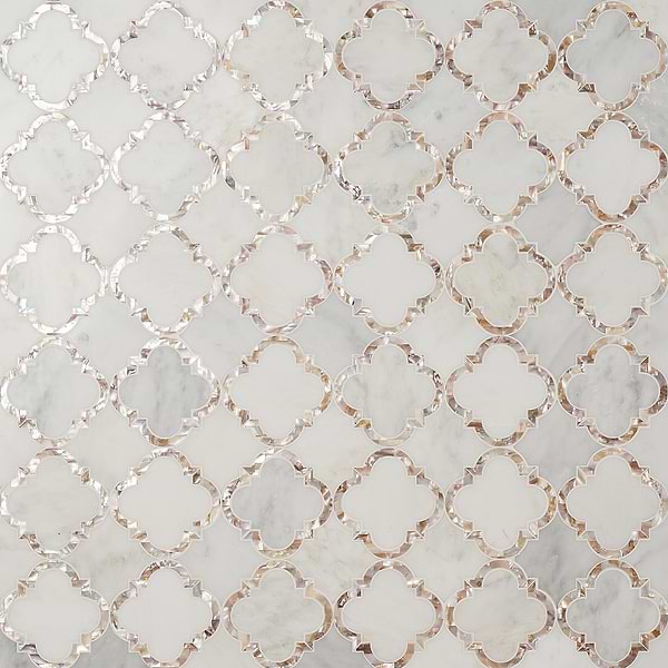Cassie Chapman Eva White 4" Polished Marble & Mother of Pearl Arabesque Mosaic Tile