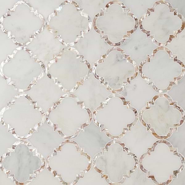 Cassie Chapman Eva White 4" Polished Marble & Mother of Pearl Arabesque Mosaic Tile