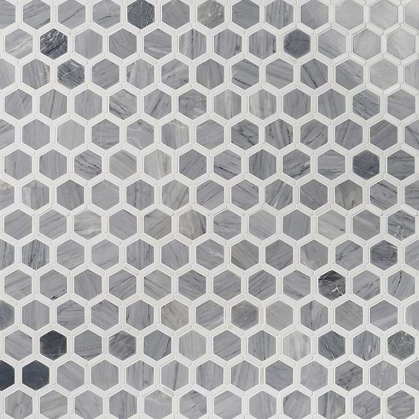 Florentine Halley Gray & White Thassos 2" Hexagon Polished Marble Mosaic Tile