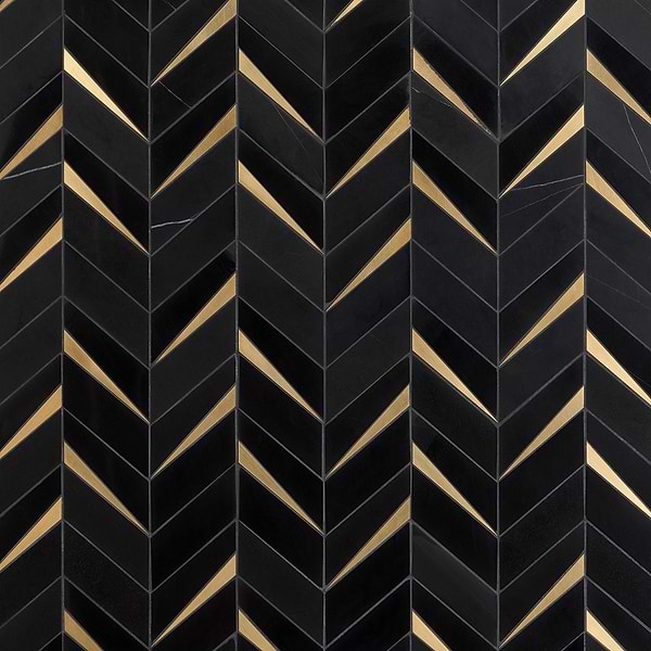 Vara Nero Polished Marble and Brass Mosaic Tile