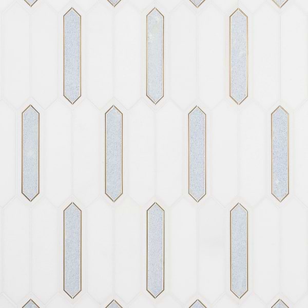 Zeus Blue Celeste 2x8 Picket Polished Marble and Brass Waterjet Mosaic Tile