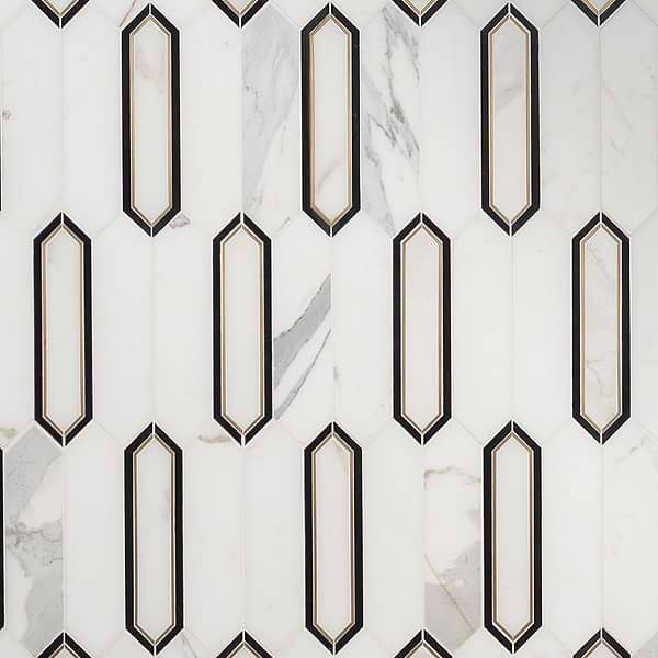 Zeus White Calacatta 2x8 Picket Polished Marble and Brass Waterjet Mosaic Tile