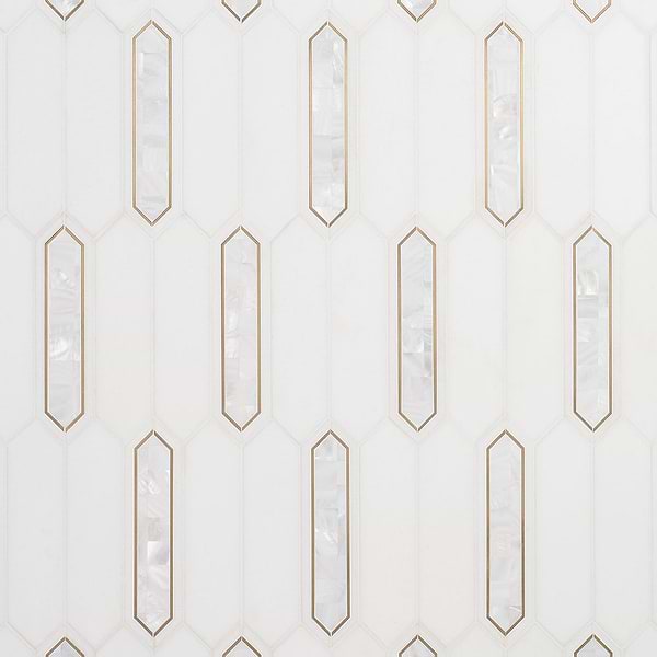 Zeus White Pearl 2x8 Picket Polished Marble- Pearl and Brass Waterjet Mosaic Tile