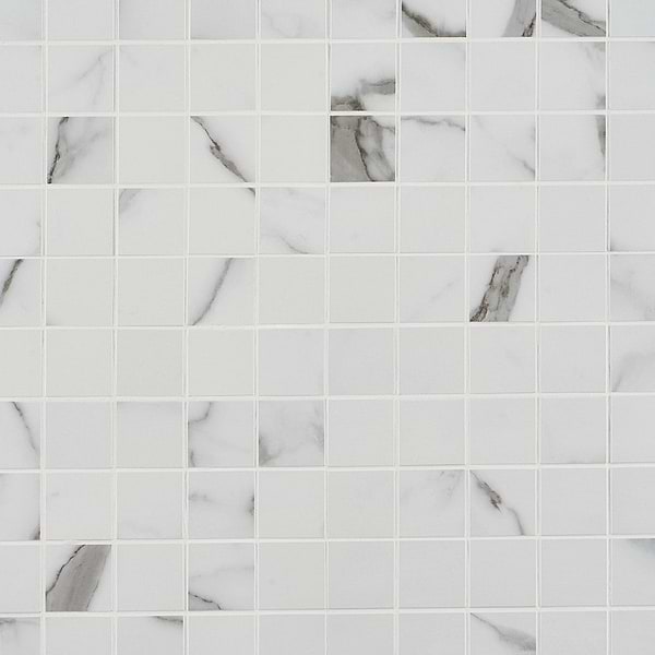DreamStone Statuario Valley 2x2 Matte Porcelain Mosaic - Sample in White with Gray Brown Veining, View 9, open zoomed image
