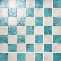 Greta Checkerboard Lagoon Blue and Seashell White 5x5 Glossy Textured Porcelain Tile