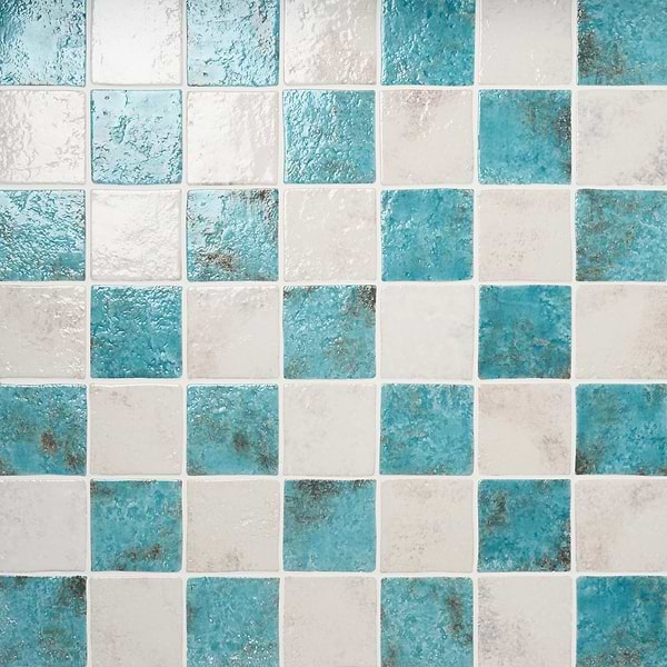 Greta Checkerboard Lagoon Blue and Seashell White 5x5 Glossy Textured Porcelain Tile
