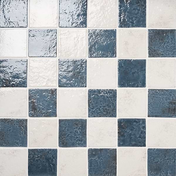 Greta Checkerboard Midnight Blue and Seashell White 5x5 Glossy Textured Porcelain Tile