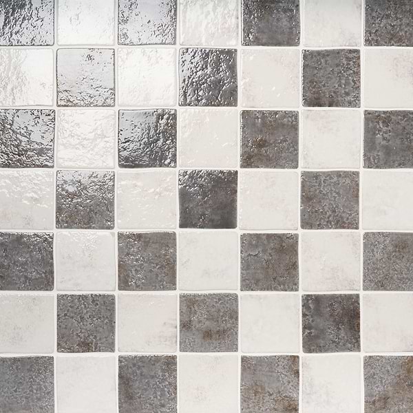 Greta Checkerboard Smoke Gray and Seashell White 5x5 Glossy Textured Porcelain Tile