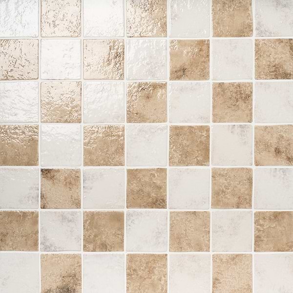 Greta Checkerboard Sand Beige and Seashell White 5x5 Glossy Textured Porcelain Tile