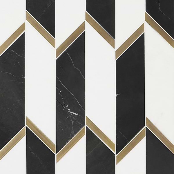 Fitz Classic Black & White Polished Marble & Brass Mosaic Tile