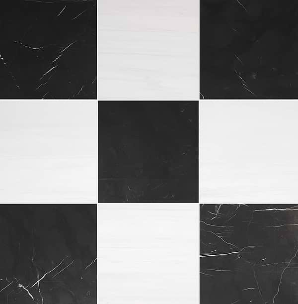 Alterno Black Silk and Glacier White Select 18x18 Honed Marble Checkerboard Tile