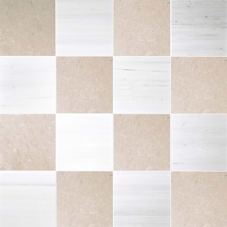 Alterno Crema Ella Beige and Glacier White Select 12x12 Honed Marble Checkerboard Tile