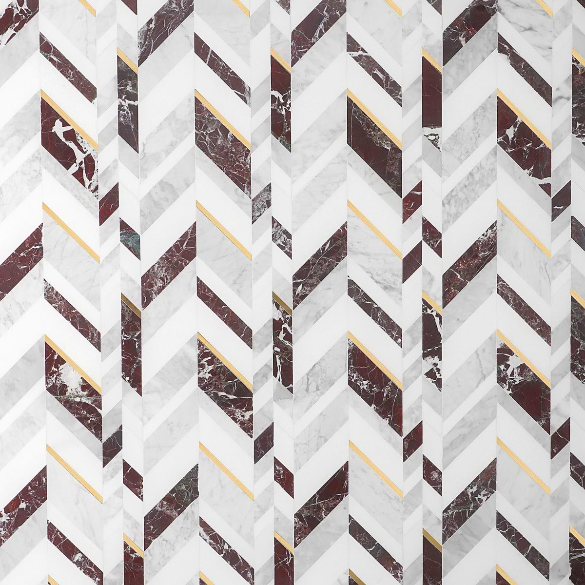 Amari Bordeaux Polished Marble and Brass Chevron Mosaic Tile