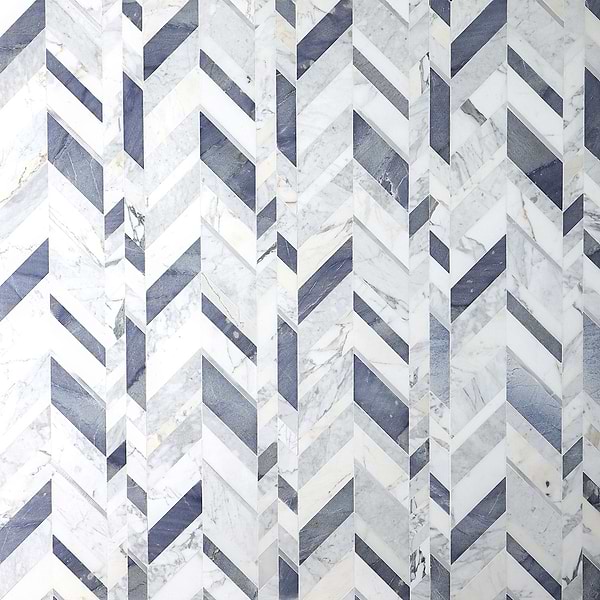 Amari Azur Polished Marble and Aluminum Chevron Mosaic Tile- Blue- White- Silver