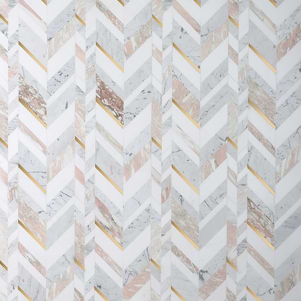 Amari Rosa Polished Marble and Brass Chevron Mosaic Tile