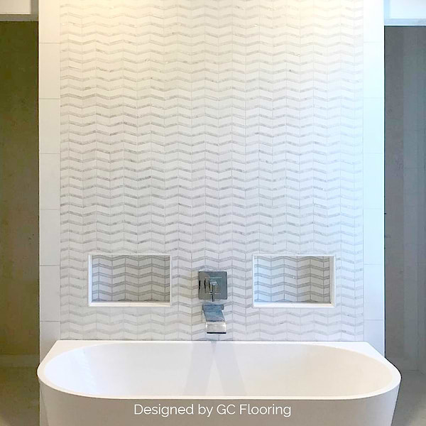 Alerion Thassos Marble and Mother of Pearl Chevron Polished Mosaic Tile