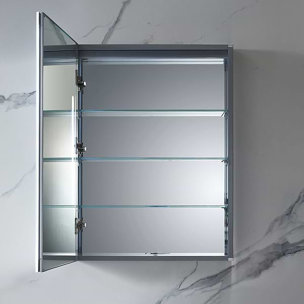Mirava 24x32"  Rectangle Recessed or Wall Mounted Left-Hand LED Medicine Cabinet with Mirror in Silver, View 4, open zoomed image