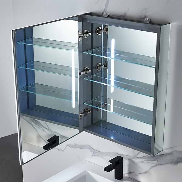 Mirava 24x32"  Rectangle Recessed or Wall Mounted Left-Hand LED Medicine Cabinet with Mirror in Silver, View 5, open zoomed image