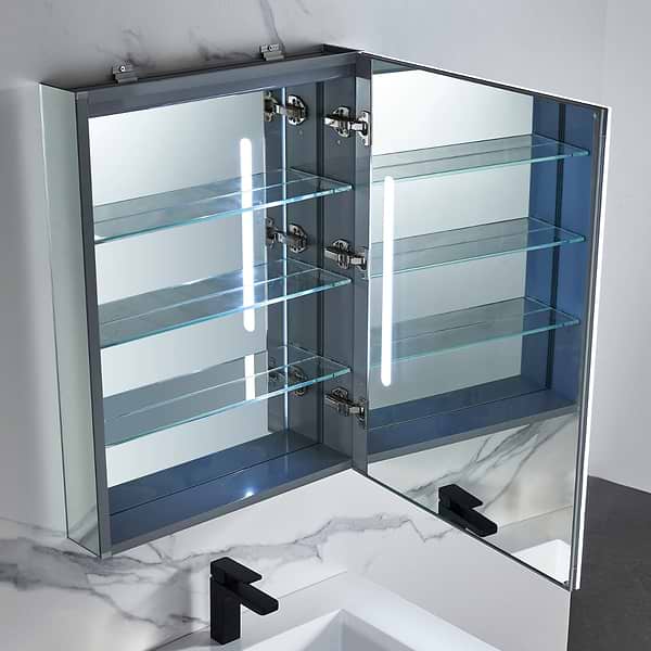 Mirava 24x32"  Rectangle Recessed or Wall Mounted Right-Hand LED Medicine Cabinet with Mirror in Silver, View 5, open zoomed image