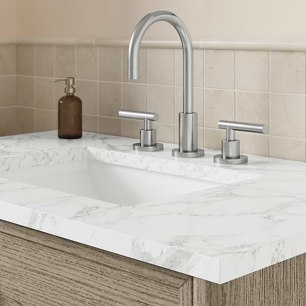 Ashford Greige Ash 30" Single Vanity with Carrara Marble Top by TileBar Studio Vanities, View 5, open zoomed image