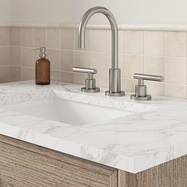 Ashford Greige Ash 36" Single Vanity with Carrara Marble Top by TileBar Studio Vanities, View 5, open zoomed image
