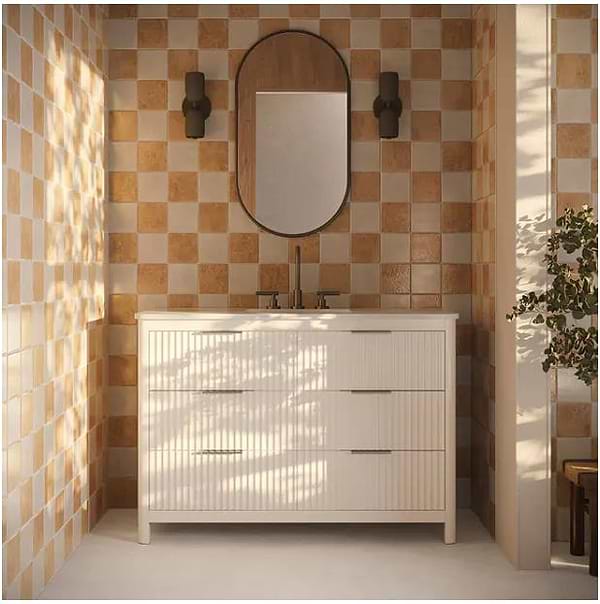Greta Checkerboard Sunset Terracotta and Seashell White 5x5 Glossy Textured Porcelain Tile