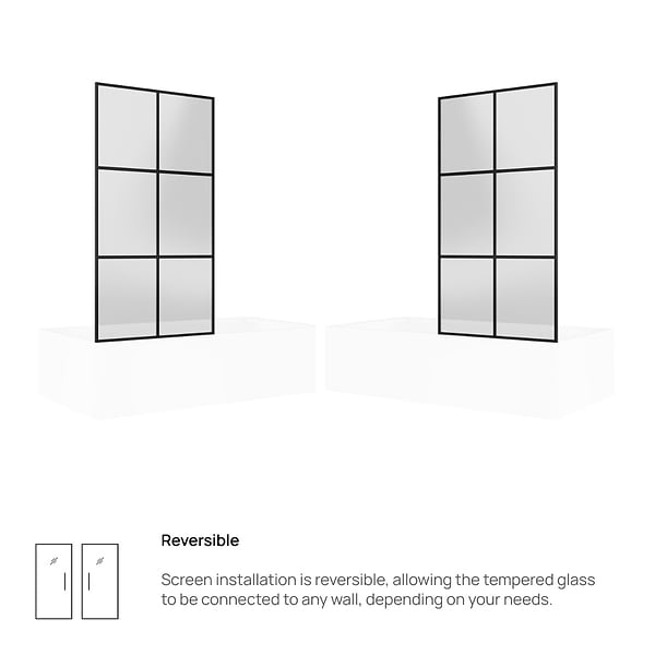 Finestra 34x62" Reversible Fixed Bathtub Door with Large Grid Clear Glass in Matte Black