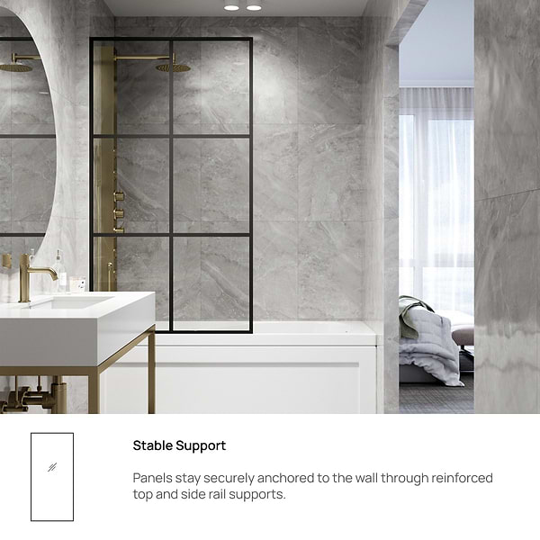 Finestra 34x62" Reversible Fixed Bathtub Door with Large Grid Clear Glass in Matte Black