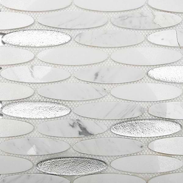 Kinetic Ice Water White 1x4 Ovals Marble & Glass Polished Mosaic Tile