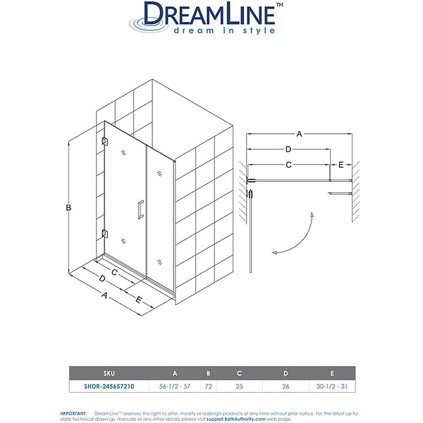 DreamLine Unidoor Plus 56.5-57x72" Reversible Hinged Shower Alcove Door with Clear Glass in Chrome