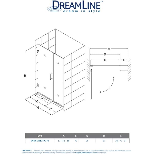 DreamLine Unidoor Plus 57.5-58x72" Reversible Hinged Shower Alcove Door with Clear Glass in Chrome
