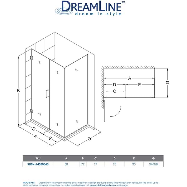 DreamLine Unidoor Plus 58-58x34.375x72" Reversible Hinged Enclosure Door with Clear Glass in Brushed Nickel
